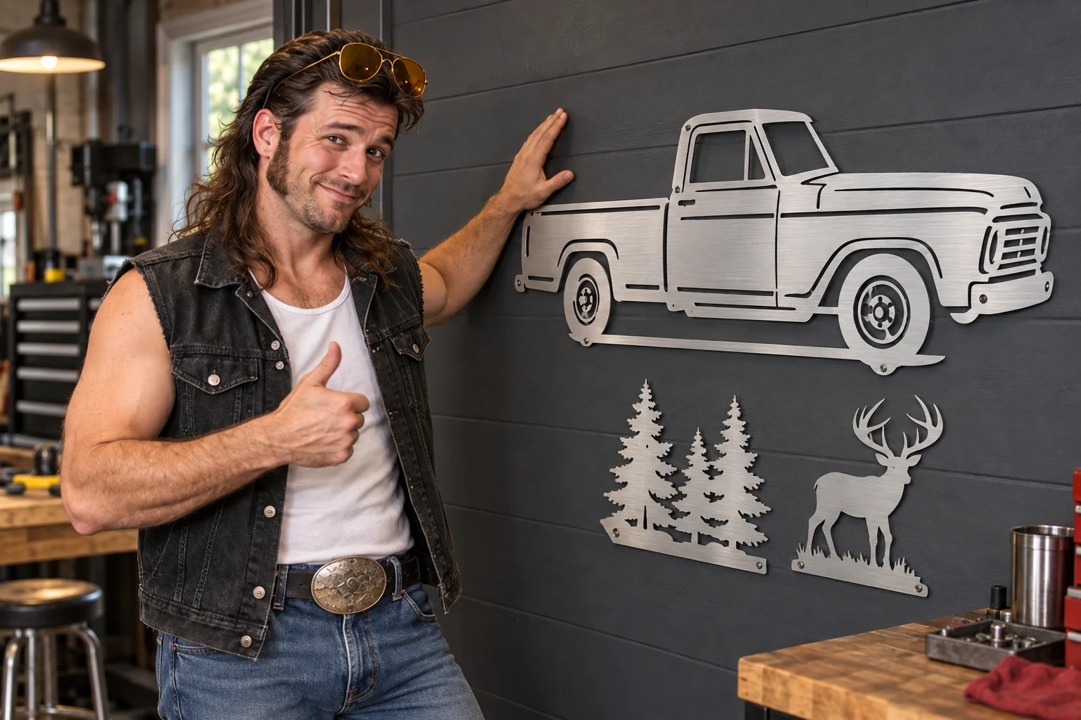 Buck Wild giving a thumbs up next to a brushed aluminum pickup truck sign hung on a garage wall