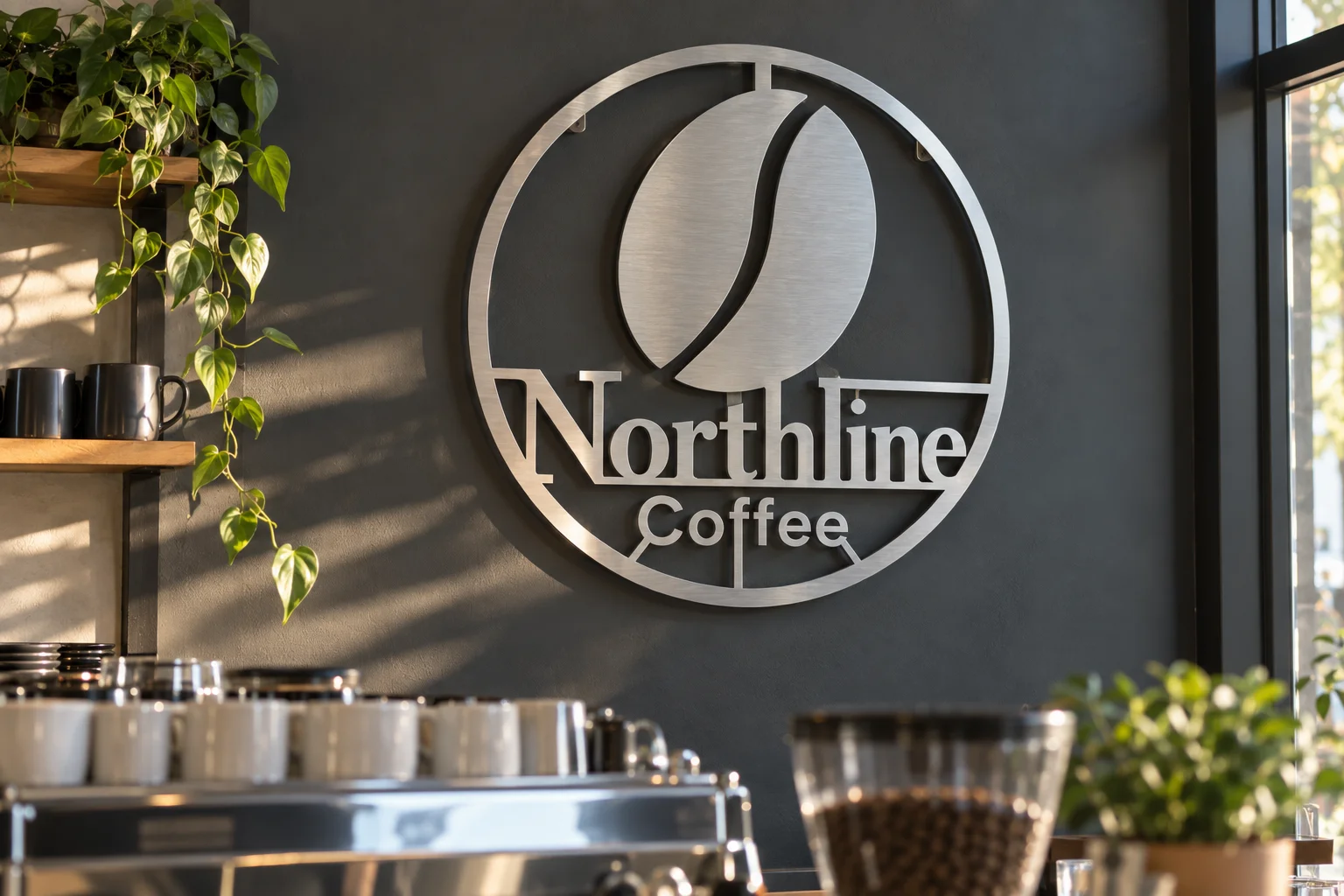 Large brushed aluminum coffee roaster logo sign behind a café counter