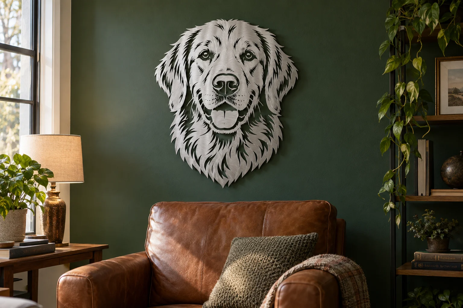 Brushed aluminum silhouette portrait of a golden retriever on a deep green living room wall