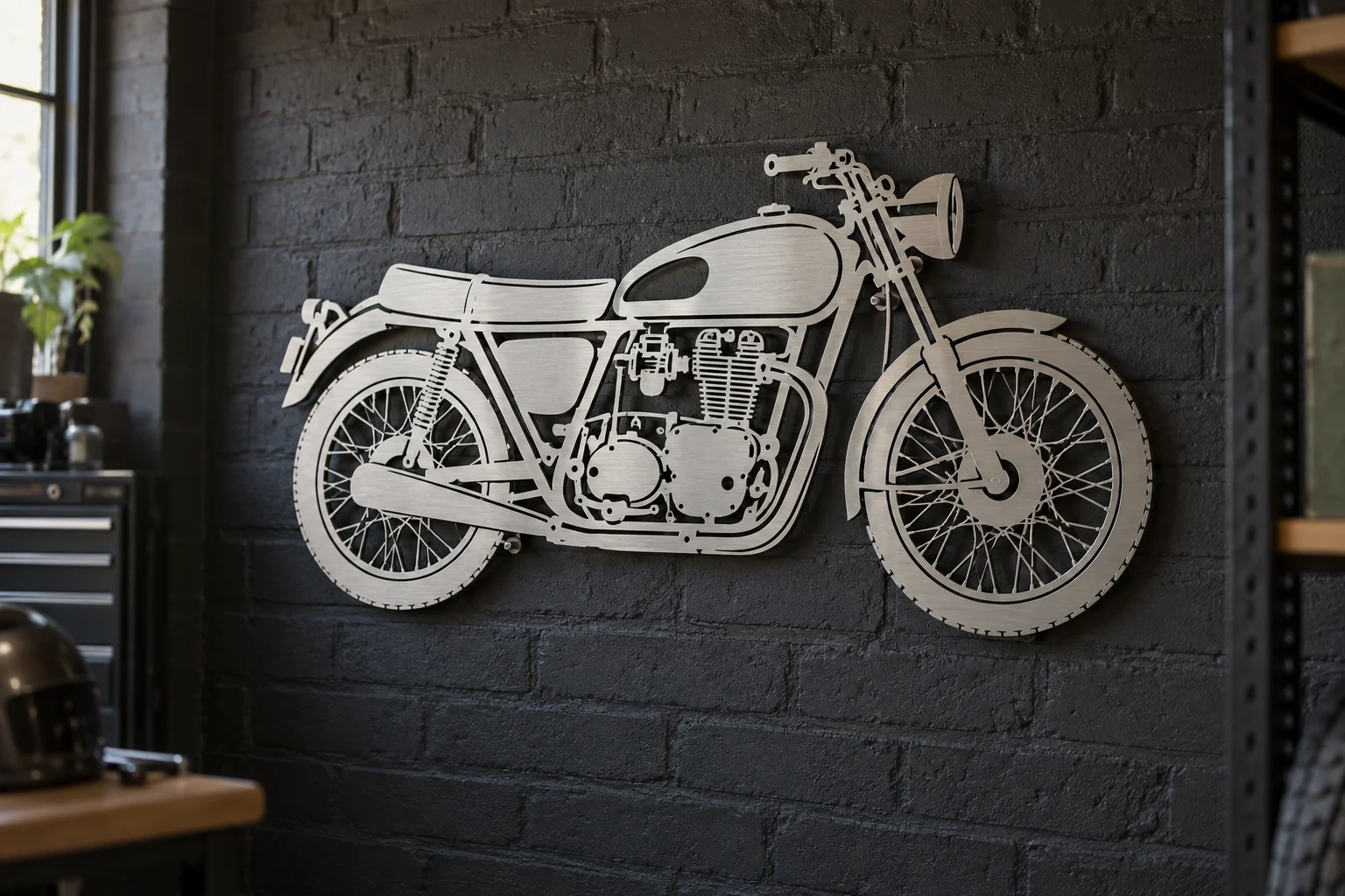 Brushed aluminum sign of a classic motorcycle in side profile on a dark brick wall