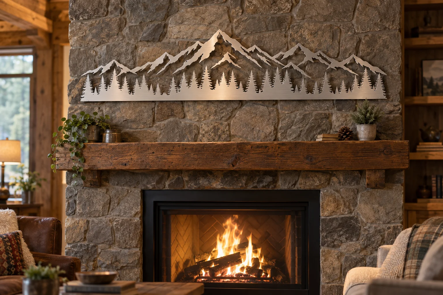 Wide brushed aluminum mountain range and pine forest sign above a stone fireplace
